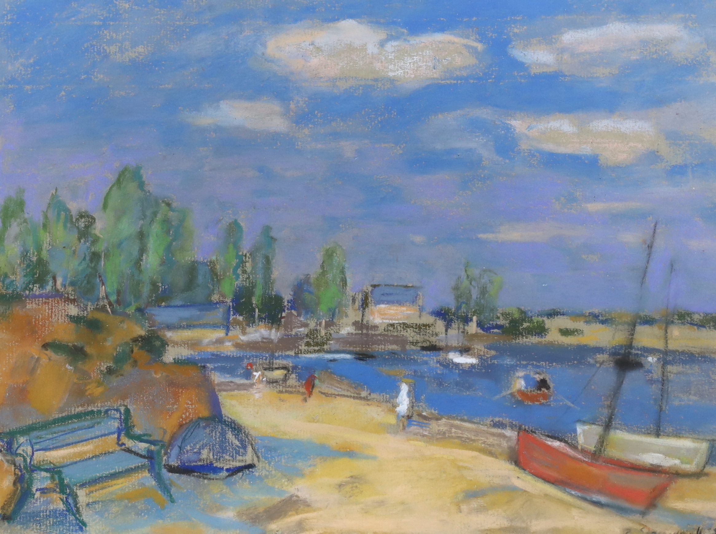 Peggy Somerville (1918-1975) Beach scene with boats, signed and dated '58, 23 x 30cm